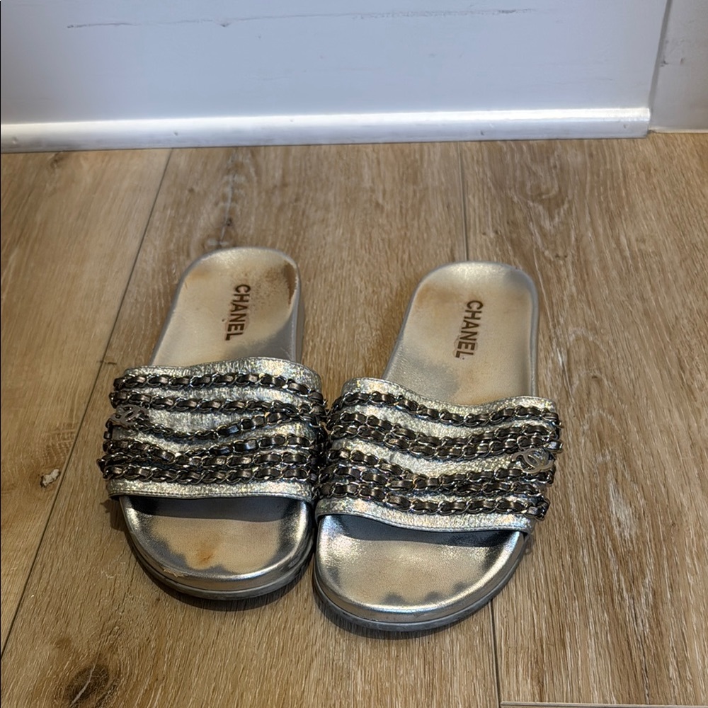 CHANEL Silver Sandals with Glamorous Stripes